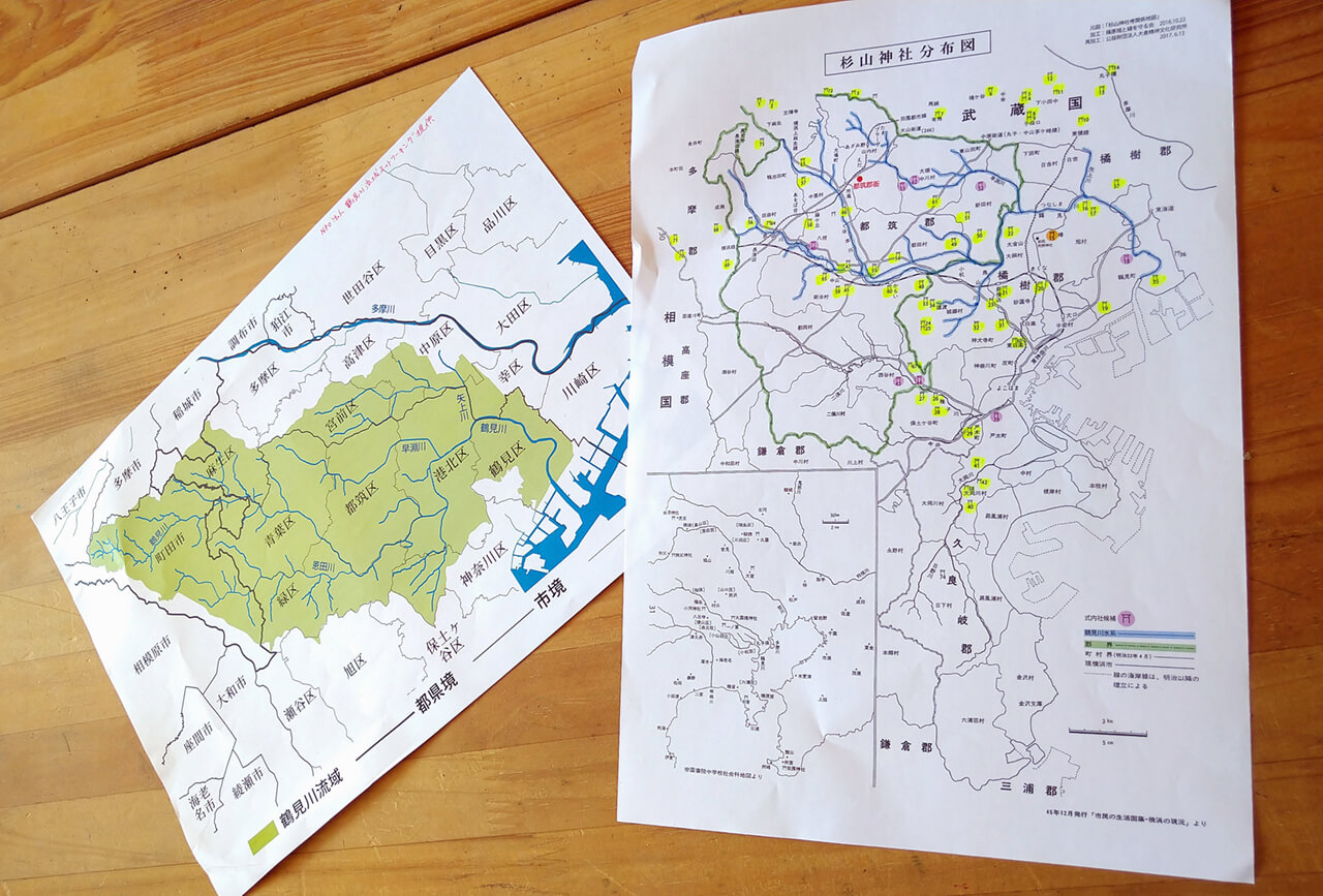 平井先生が提供してくれた杉山神社の分布図(右)と鶴見川流域の図(左)